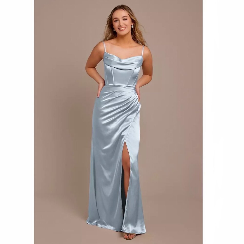 Davids Bridal Galina Signature Charmeuse Cowl Spaghetti Strap Dress Dusty Blue 4